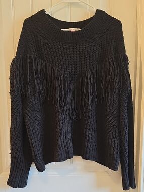 No Boundaries Black Fringed Crewneck Sweater